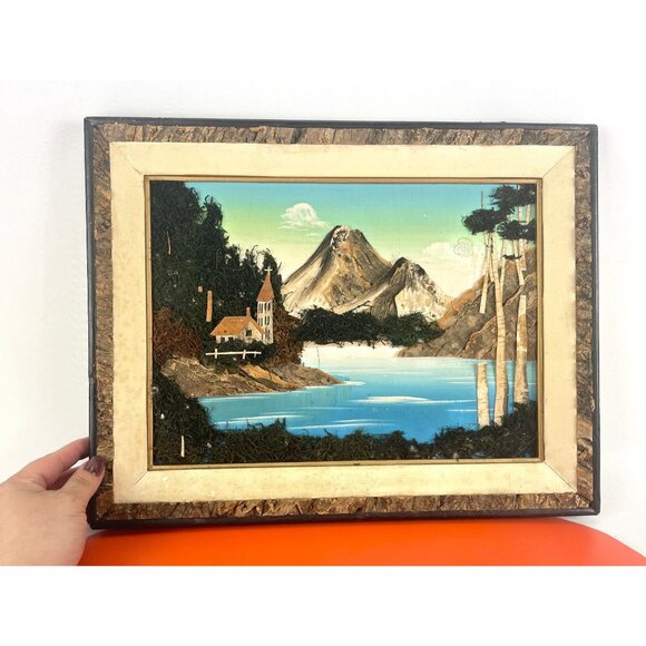 Vintage 1960s artwork, mix media organic 3D painting, bark moss landscape - Picture 2 of 10